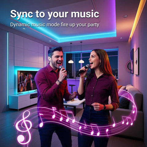 Couple singing with 50Feet USB RGB LED Strips With Music Sync Bluetooth IR Remote Smart App lighting room
