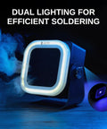 Hella Smooth Mini Solder Fume Extractor Featuring Three Speed Brushless Motor And Premium Activated Carbon Filter For Legit Workbench Smoke Cleanup and Cleaner Shop Environments with dual lighting.