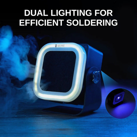 Hella Smooth Mini Solder Fume Extractor Featuring Three Speed Brushless Motor And Premium Activated Carbon Filter For Legit Workbench Smoke Cleanup and Cleaner Shop Environments with dual lighting.