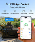 Person holding smartphone with app controlling Elite 10 Mini Portable Power Station 128Wh LiFePO4 Battery in outdoor setting.