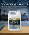 Straight Up Pro Grade Sealant For Concrete And Natural Stone With Slick Satin Sheen Deep Penetrating Urethane Formula Weather Resistant Finish 4 Liter Bucket in garage on wooden surface.
