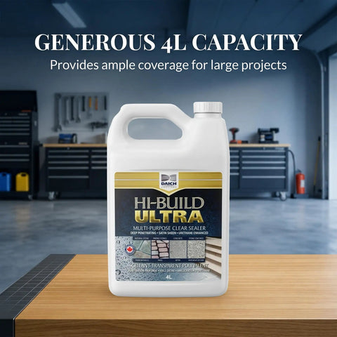 Straight Up Pro Grade Sealant For Concrete And Natural Stone With Slick Satin Sheen Deep Penetrating Urethane Formula Weather Resistant Finish 4 Liter Bucket in garage on wooden surface.