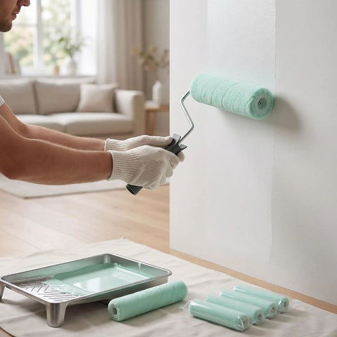 Person painting a wall with Wide Nap 14 Inch Paint Roller Covers That Roll Smooth As Silk With Zero Paint Drip Nonsense.