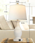 Table Lamps Set Of 2 Bedside Touch Lamps With USB-C And USB-A Charging Ports, White Fabric Drum Shades, Retro Polyresin Base