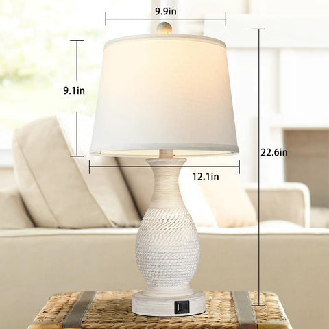 Table Lamps Set Of 2 Bedside Touch Lamps With USB-C And USB-A Charging Ports, White Fabric Drum Shades, Retro Polyresin Base