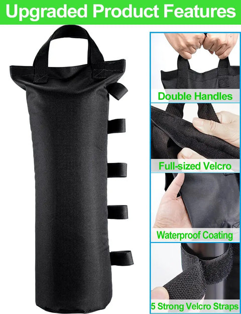 Heavy Duty Canopy Sand Bags For EZ Pop Up Canopy Gazebo Outdoor Instant Sun Shelter 4 Pack With Upgraded 5 Full Sized Magic Sticks And 2 Nylon Handles, showing waterproof 600D oxford material with double handles and velcro straps.