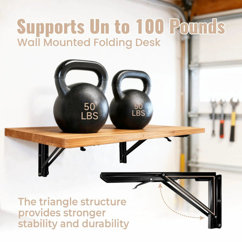 Wall Mounted Folding Table For Garage And Laundry Room Use, Handy Home Wall Desk And Folding Workbench, space saver, 15.7 by 31.5 inches, easy fold down surface, supporting kettlebells.