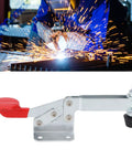 Heavy Duty Horizontal Toggle Clamp, Rock Solid 68Kg Clamping Power For Woodworking And Equipment Installations, Durable Iron Body With Comfortable Plastic Handle, Stable Hold And Quick Setup For Fast Projects. horizontal toggle clamp with red handle and iron body for welding