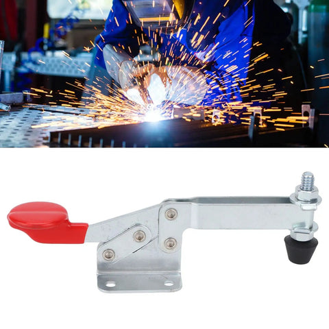 Heavy Duty Horizontal Toggle Clamp, Rock Solid 68Kg Clamping Power For Woodworking And Equipment Installations, Durable Iron Body With Comfortable Plastic Handle, Stable Hold And Quick Setup For Fast Projects. horizontal toggle clamp with red handle and iron body for welding