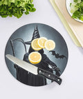 Round Tempered Glass Cutting Board On The Go 7.9 Inch Lightweight Chopping Board with knife and lemon slices, kitchen use