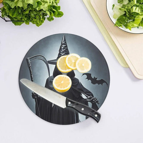 Round Tempered Glass Cutting Board On The Go 7.9 Inch Lightweight Chopping Board with knife and lemon slices, kitchen use