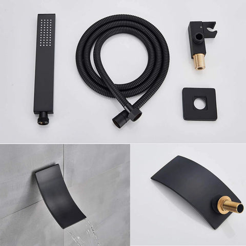 Badass Matte Black Wall Mount Shower Combo With Thermostatic Dial And Air Boost Tech including handheld sprayer and spout.
