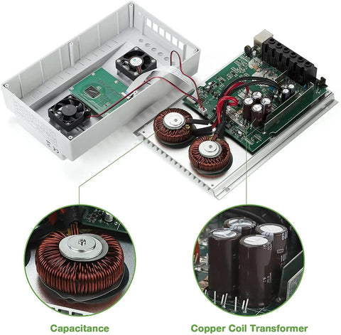 Open view showing internal circuitry of Beefy 100 Amp MPPT Solar Charge Controller with copper coil transformer and capacitors.