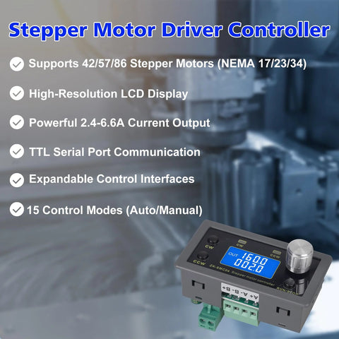 Front view of a Stepper Motor Driver Controller for NEMA 17/23/34 motors, with blue LCD display and adjustment knob.
