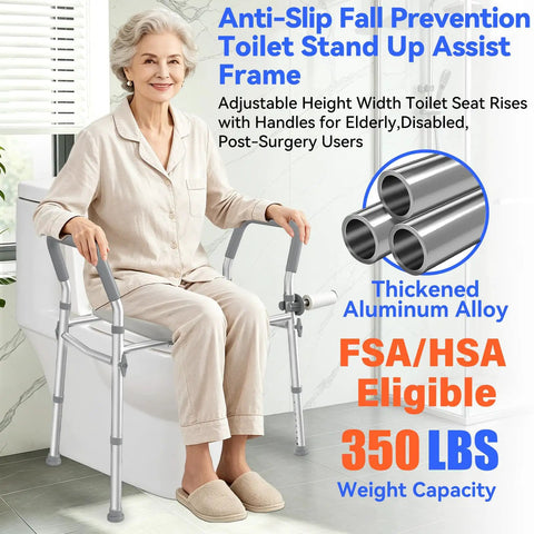 Ultra Comfy Raised Toilet Seat With Extra Wide Safety Handles Adjustable Height And Width For Seniors Fsa Hsa Eligible with aluminum frame.