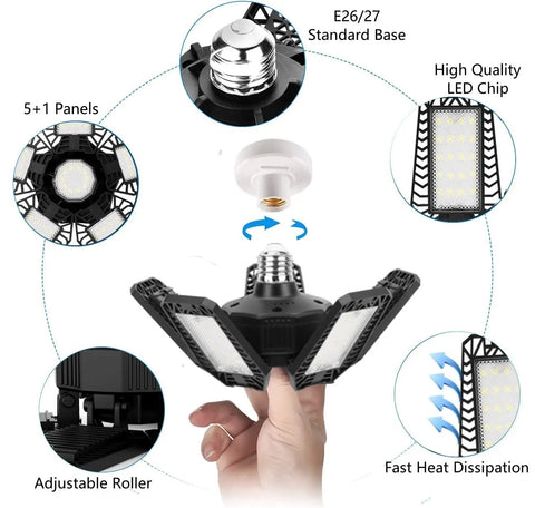 2 Pack LED Garage Lights 160W 16500LM 6500K Deformable Ceiling Lights with 5 Plus 1 Adjustable Panels and E26 E27 Base