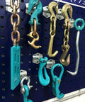 8 Piece Auto Body Frame Machine Collision Repair Pulling Tie Tools Hook Value Set hanging on blue pegboard for cars trucks and SUVs