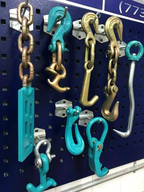 8 Piece Auto Body Frame Machine Collision Repair Pulling Tie Tools Hook Value Set hanging on blue pegboard for cars trucks and SUVs