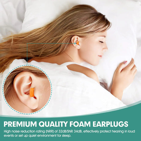 Orange Foam Ear Plugs With 33dB NRR For Sleep Work And Loud Noise Ultra Soft Comfortable Fit Hygienic Individually Wrapped Quiet Snoring Construction Travel Side Sleeper Friendly in ear of sleeping person