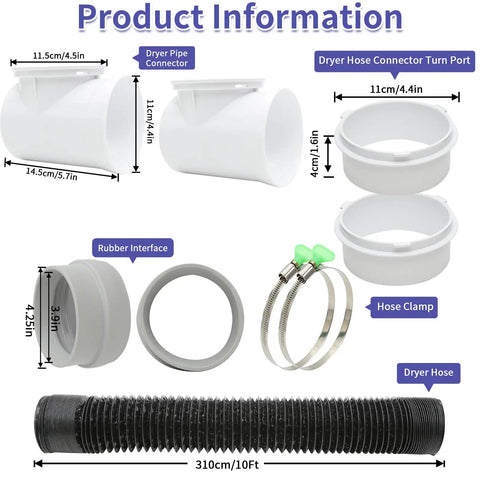 Diagram showing components of 4 Inch Dryer Vent Hose Kit For Tight Spaces 10 Feet Long, 90 Degree Elbow With Rubber Seal Connectors