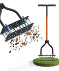 Heavy Duty Manual Lawn Aerator With 15 Spike Dual Layer Self Cleaning Spikes for Compact Soil, black and orange tool on grass