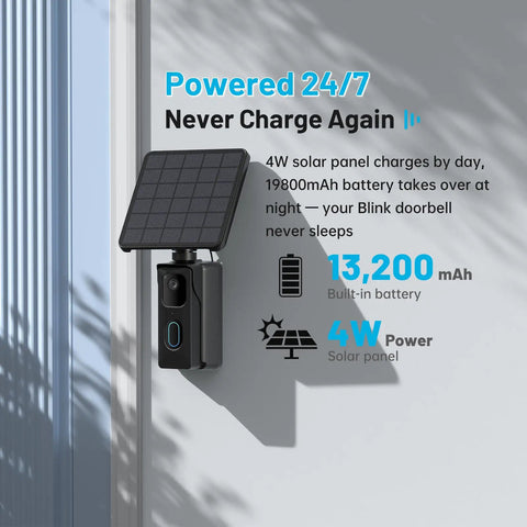13200mAh Solar Charging Base Station for Blink Doorbell 2nd Gen mounted outdoors, 4W high efficiency solar panel, IP67 waterproof power supply