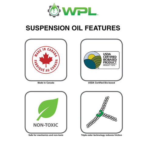 Features of High Performance Bicycle Suspension Oil 1L 10Wt For Shocks And Forks Premium Bike Lube including bio-based and non-toxic details.