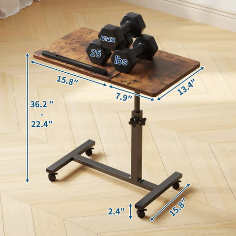 Adjustable Overbed Table With C Shape Design Portable Rolling Desk For Bedside Couch And Living Room Height Adjustable Pivot Desktop Brown Finish Multi Function Tray Table shown with weights, dimensions visible.