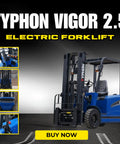 2025 Heavy Duty Electric Forklift 2.5 Ton Capacity Rock Solid Steel Chassis Smooth Hydraulic Controls angled view in a warehouse.