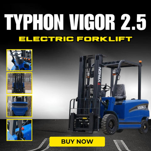 2025 Heavy Duty Electric Forklift 2.5 Ton Capacity Rock Solid Steel Chassis Smooth Hydraulic Controls angled view in a warehouse.