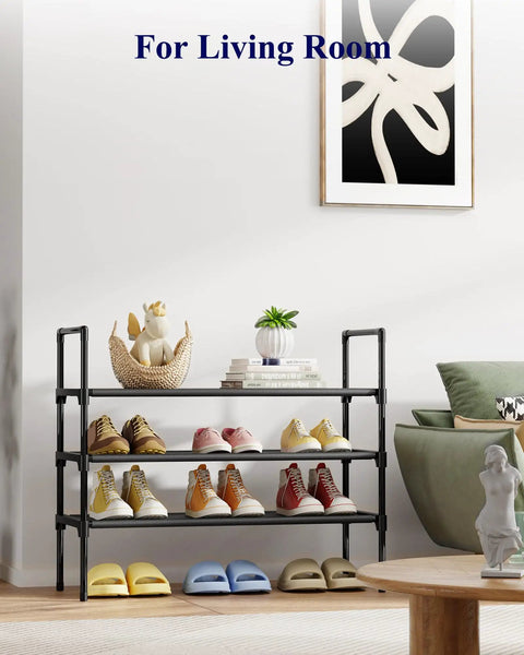 Three Tier Shoe Organizer Rack For Closet Entryway And Bedroom With Wide Shelves Easy Assembly Go To Storage Shelf With Side Handles Durable Black 27.6 Inches Wide in a living room interior.