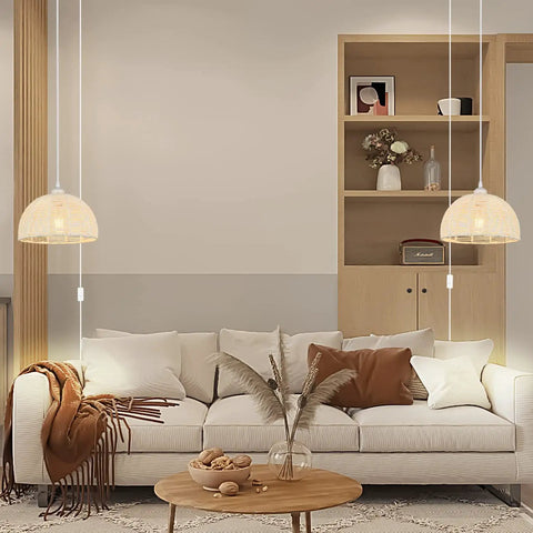 Living room with Plug In Pendant Light With 16ft Rattan Boho Woven Hanging Cord showcasing arc design and cream finish.