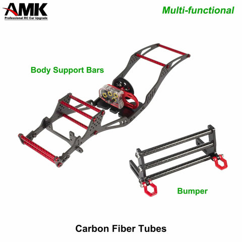 Side view of Six Pack 78mm Carbon Fiber Bumper Tube Link Rods For 1 To 10 Crawler LCG Chassis Upgrade Kit with red support bars