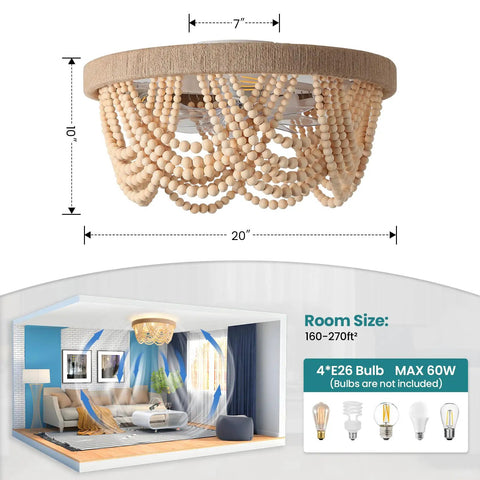 Stylish Boho Fandelier Ceiling Fan With Built In Light And Wireless Remote Six Speeds Low Profile Flush Mount with wood beads, 20 inch size.