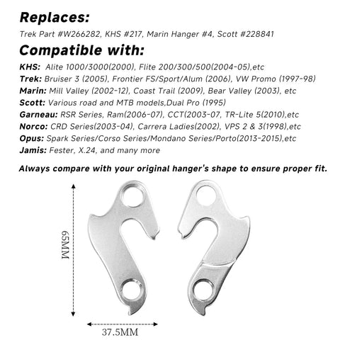 Diagram of Derailleur Hanger 31 Compatible With Trek Marin KHS Scott Garneau Jamis Opus Norco Cube Replacement For Trek W266282 KHS 217 Marin 4 Scott 228841 Silver Alloy, showing dimensions 65mm x 37.5mm