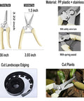 Dimensions and uses of pruning shears from 2 Inch Garden Edging Kit, 40 Ft Black Landscape Border With 80 Spikes And 1 Pruning Shears