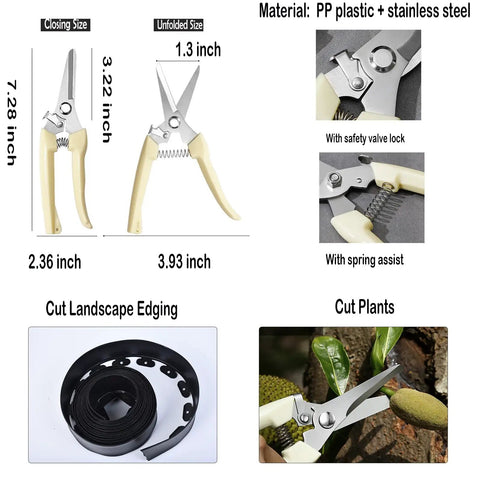 Dimensions and uses of pruning shears from 2 Inch Garden Edging Kit, 40 Ft Black Landscape Border With 80 Spikes And 1 Pruning Shears