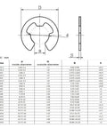 Get Those Shaft Parts Locked Down Tight With These Steel Circlips, E Clips And Retaining Rings In Assorted Sizes For Machinery Gear Fixing. Dimensions diagram.