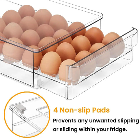 24 Egg Storage Organizer For Fridge, BPA Free Stackable Egg Holder with filled eggs and non-slip pads detail