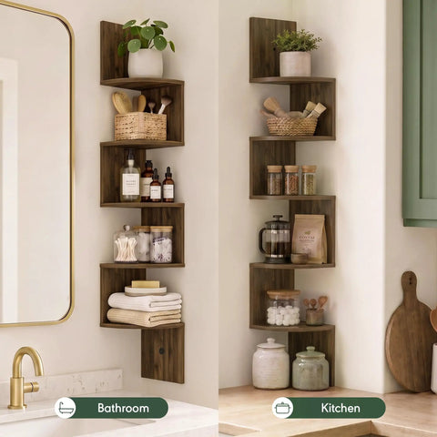 Total Game Changer Corner Wall Shelves Five Tier Floating Storage Rack With Trendy Zigzag Design Columbia Walnut Finish Ultimate Space Saver For Living Room Bedroom Bathroom Decor And Books