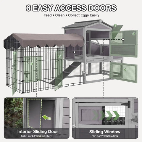 Outdoor Waterproof Chicken Coop With Run Two Level Wooden Hen House With Asphalt Roof shown with access doors and ventilation features