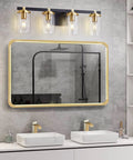 4 Light Modern Vanity Light Fixtures For Bathroom In Matte Black And Brushed Gold With Clear Glass Shades Over Mirror