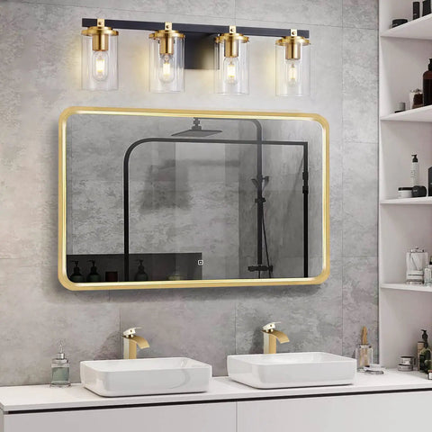 4 Light Modern Vanity Light Fixtures For Bathroom In Matte Black And Brushed Gold With Clear Glass Shades Over Mirror