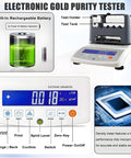 Heavy Duty Digital Gold Purity Tester Machine Featuring Dead Accurate Density Calibration And Rugged 0.001 Gram Precision Scale For Real Jewelers And Lab Pros Includes Compact Printer showing control panel and battery information.