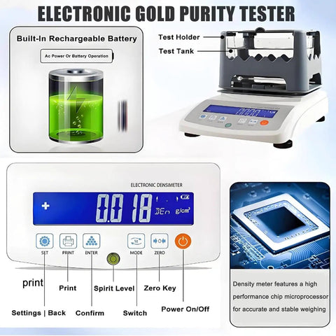 Heavy Duty Digital Gold Purity Tester Machine Featuring Dead Accurate Density Calibration And Rugged 0.001 Gram Precision Scale For Real Jewelers And Lab Pros Includes Compact Printer showing control panel and battery information.