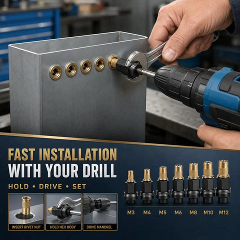 77-Piece Rivet Nut Installation Kit With Drill Adapters And Press-In Nuts, Seven Installers And 70 Nuts M3-M12 used on sheet metal