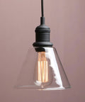Retro Edison Style Pendant Light With Clear Glass Shade, black fixture, visible filament bulb, for kitchen island or dining room.