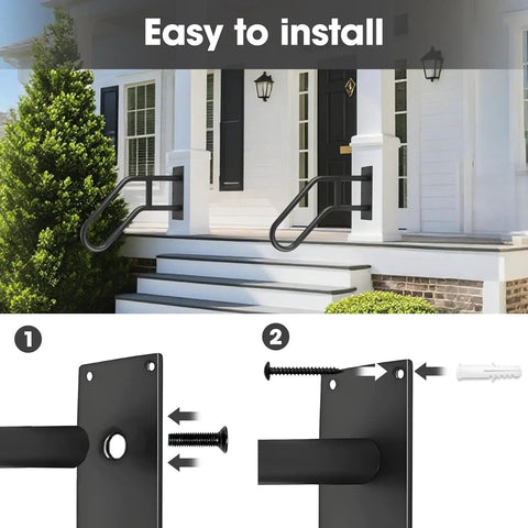 Installation process of Rock Solid U Shaped Hand Rails For Outdoor Steps With Heavy Duty Wall Mount Grab Bar, shown on porch.