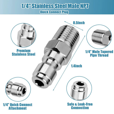 Two sets of stainless steel 1/4-inch NPT pressure washer quick-connect plug adapters, male and female fittings