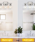 Killer 3 Light Wall Sconces With Clear Glass Shade And Brushed Nickel Finish above bathroom mirror with warm and cold light options.